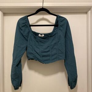 Kirious Cropped Long Puffy Sleeve Blue Green Angled Top XL